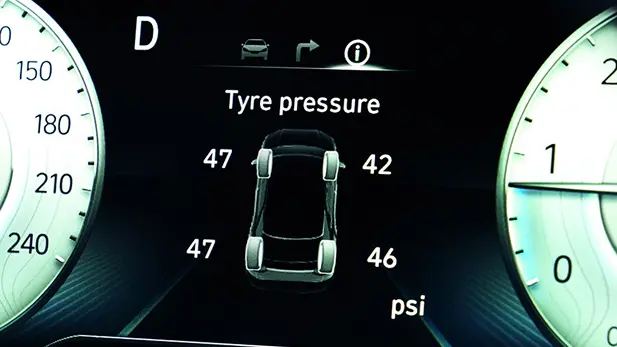 Imagen de la pantalla que muestra con gráficos la presión de las llantas.
